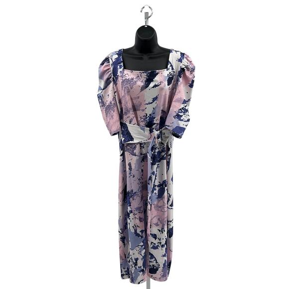 Shein Curve Midi Dress Womens 2XL Pink Blue Abstract Print Puff Sleeve Belted - Picture 1 of 9